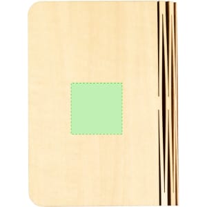 A wooden notebook with a rounded cover and a square cut-out in the centre, featuring a decorative spine.