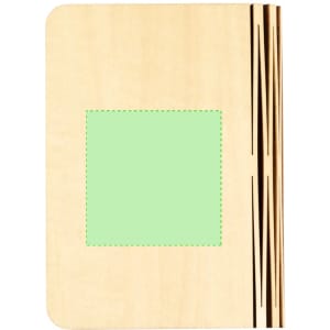 A wooden notebook with an engraved design on the side and a blank green square area for customisation.