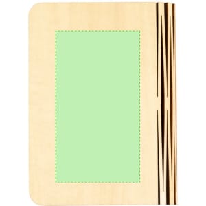 A wooden notebook with a green cover and decorative wood inlays on the spine. It features a smooth, minimalist design.