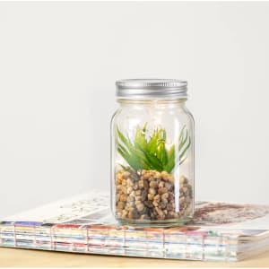 A glass jar with a decorative plant and pebbles inside, sitting on top of a stack of magazines.