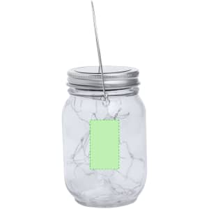 A clear jar lamp with a silver lid, featuring decorative string lights inside and a tag attached to the side.