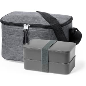 A grey cooler bag with a zip and an adjustable strap, alongside a grey bento box secured with a band.