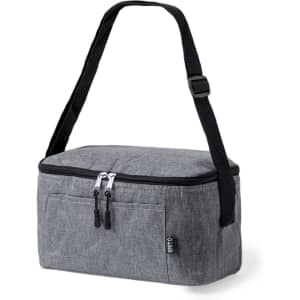 A grey cooler bag with a zippered opening, carrying strap, and front pocket. It features a branding logo.