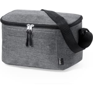 A grey cooler bag with a zippered top, a shoulder strap, and a small front pocket. It features a branding label.