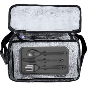 A grey cooler bag with a reflective interior, featuring a set of black utensils: spoon, knife, and fork.