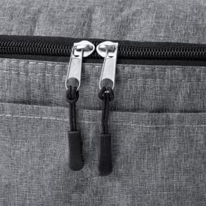 A grey cooler bag featuring a zippered closure with two silver pulls and black accents.