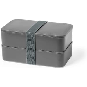 A grey cooler bag with a two-layer design secured by a mesh strap. It features a simple, modern look.
