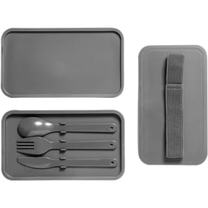 A grey cutlery set featuring a spoon, fork, and knife, stored in a matching case with a strap.