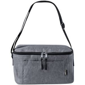 A grey cooler bag with a zippered top, adjustable shoulder strap, and front pocket. It features a logo.