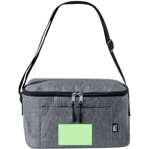 A grey cooler bag with a zippered top, adjustable strap, and a front pocket featuring a logo.