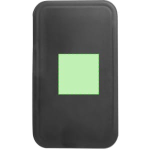 A black cooler bag with a green square panel on the front. It features a logo on the surface.