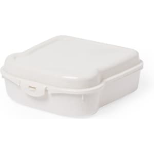 A white square lunch box with a secure lid and a logo on the side. Ideal for packing meals.