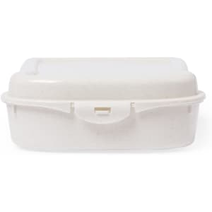 A beige sandwich lunch box with a secure lid and a simple design. It features a branding logo on the side.