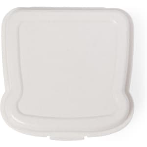 A white sandwich lunch box with a simple design and a logo on the lid.