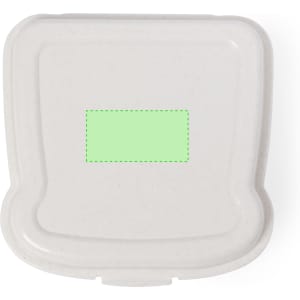 A white sandwich lunch box with a square shape, featuring a green blank area and an unspecified logo.
