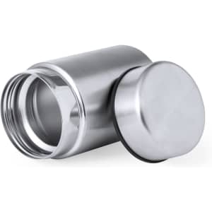 A stainless steel lunch box with a screw-on lid, featuring a shiny silver finish and a simple design.