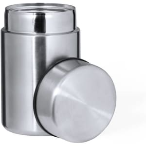 A stainless steel lunch box with a shiny finish and a removable lid, featuring a simple design and a logo.