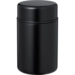 A sleek black lunch box with a smooth metallic finish and a secure lid. It features a simple, modern design.