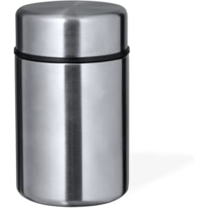 A stainless steel lunch box with a lid, featuring a sleek, cylindrical design and a band for secure closure.
