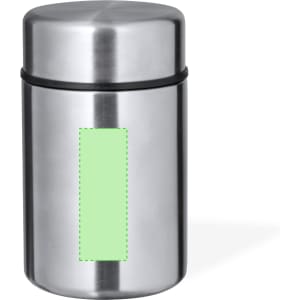 A stainless steel lunch box with a silver finish and a black silicone seal, featuring a blank green area.