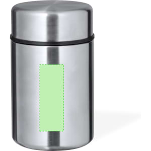 A stainless steel lunch box with a metallic finish and a green patch for branding.
