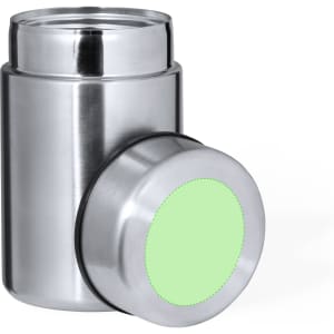 A stainless steel lunch box with a silver finish and a green lid. It features a smooth, modern design and has a logo.