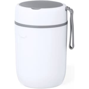 A white lunch box with a grey lid and a handle, featuring a sleek design and a logo.