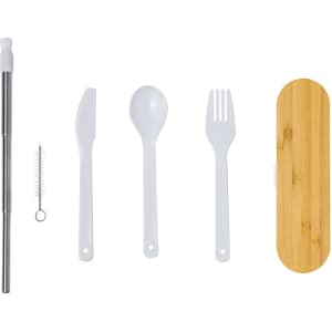 A cutlery set including a stainless steel straw, cleaner, knife, fork, spoon, and a wooden case, all in white.