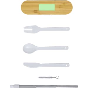 A bamboo case containing a white fork, spoon, knife, reusable straw, and cleaning brush.
