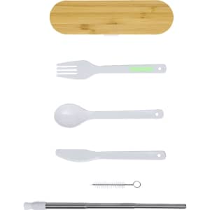A bamboo case containing a fork, spoon, knife, reusable straw, and cleaning brush in white.