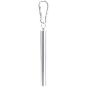 A silver Jexor Straw attached to a metal carabiner clip for convenient carrying.
