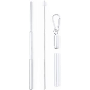 A stainless steel drinking straw set in silver, including a cleaning brush and a carry case with a carabiner.