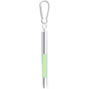 A sleek silver drinking straw with a green grip, featuring a metal carabiner for easy attachment.