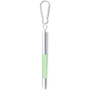 A drinking straw in silver with a green section and a carabiner for easy attachment.