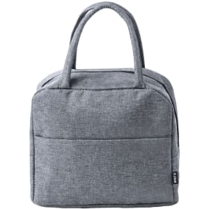 A grey cooler bag with two handles and a front pocket, featuring a small logo.