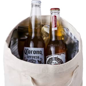 A drink bottle cooler bag in cream with two bottles inside, one with a silver cap and another with a red tab.