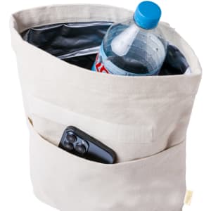 A beige cooler bag containing a drink bottle and a mobile phone in an outer pocket. The interior is lined with silver material.