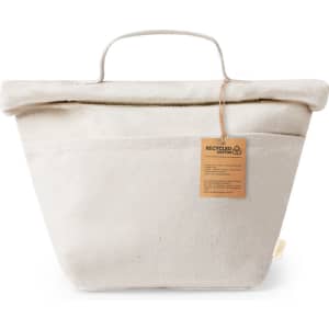 A light beige cooler bag with a foldable top and a handle, featuring an eco-friendly tag and a logo.