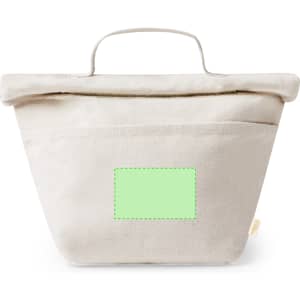 A cooler bag in light beige with a top handle and a front pocket. Features a logo on the exterior.