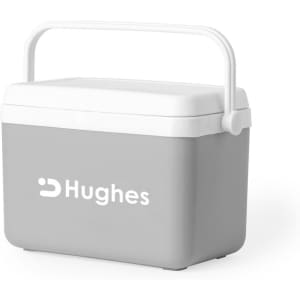 A grey cooler bag with a white lid and handle, featuring a logo on the front.