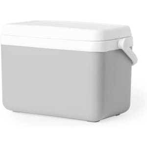 A grey cooler bag with a white lid and handle, featuring a minimalist design. Includes a logo.