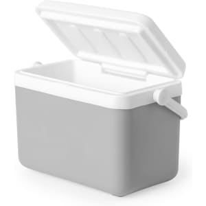 A grey cooler bag with a white lid, featuring a handle and an open top. It has a simple design and a branding logo.