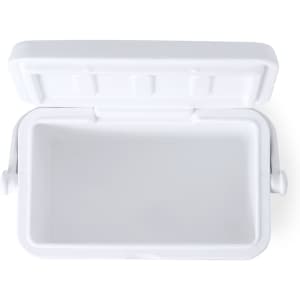 A white cooler bag with a hinged lid, featuring a spacious, empty interior. It includes side handles.