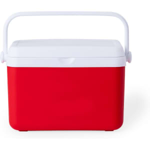 A red cooler bag with a white lid and handle, featuring a simple design and a sturdy build.