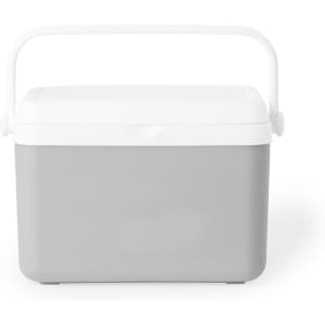 A grey cooler bag with a white lid and a sturdy handle, featuring a simple design and a branding logo.