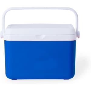 A blue cooler bag with a white lid and handle, designed for keeping items cool. It features a logo on the front.