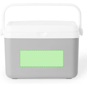 A grey cooler bag with a white lid and handle, featuring a blank area for custom branding or labels.