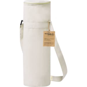 A drink bottle with a light cream colour, featuring a shoulder strap and a tag, along with an attached logo.