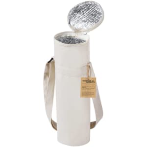 A drink bottle cooler bag in cream with a silver insulated interior and a shoulder strap. It features a logo.