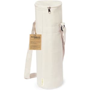 A drink bottle cooler bag in cream colour with a zip closure, adjustable strap, and a tag.